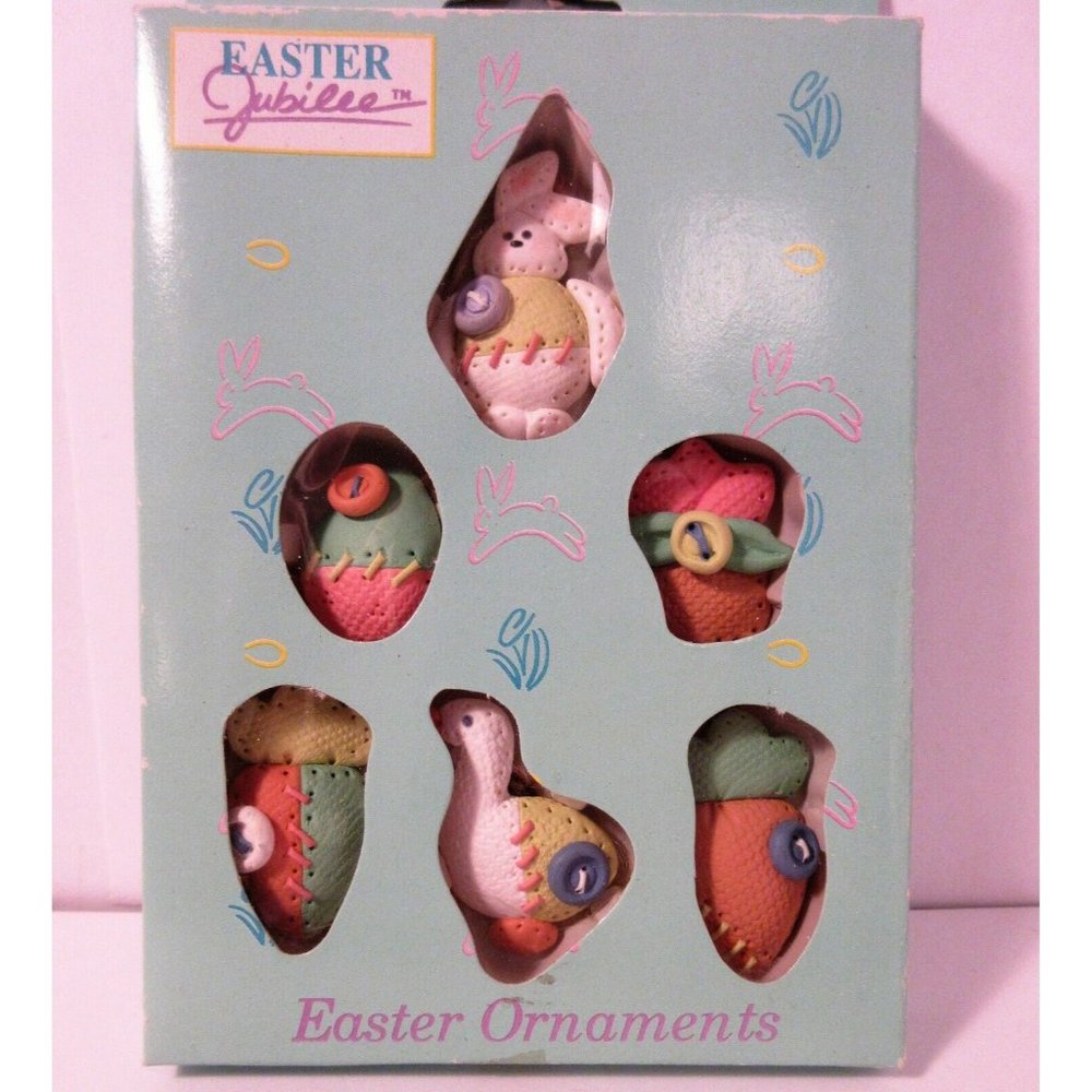 6 Miniature Jubilee Resin Easter Ornaments Bunny Rabbit Goose Egg NOS